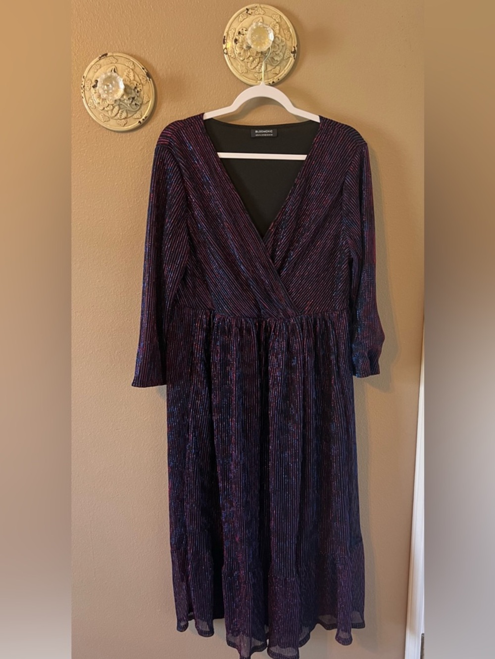 Bloomchic Women’s Navy & Purple Metallic Wrap Midi Dress